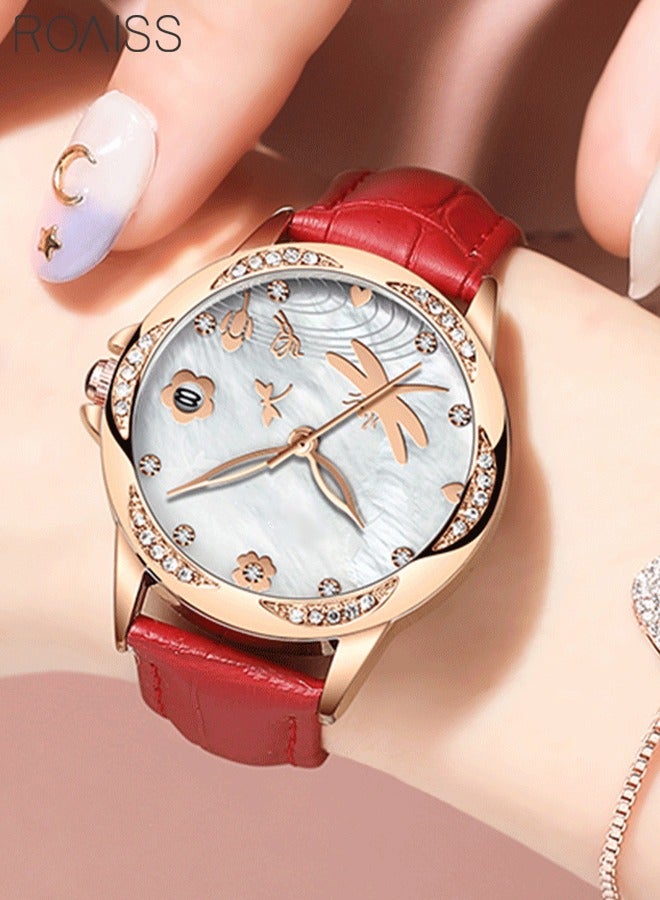 Women's Leather Strap Quartz Watch Analog Display Round Dial with Rhinestone Decoration and Dragonfly Pattern Waterproof Elegant Wristwatch as Gift for Ladies