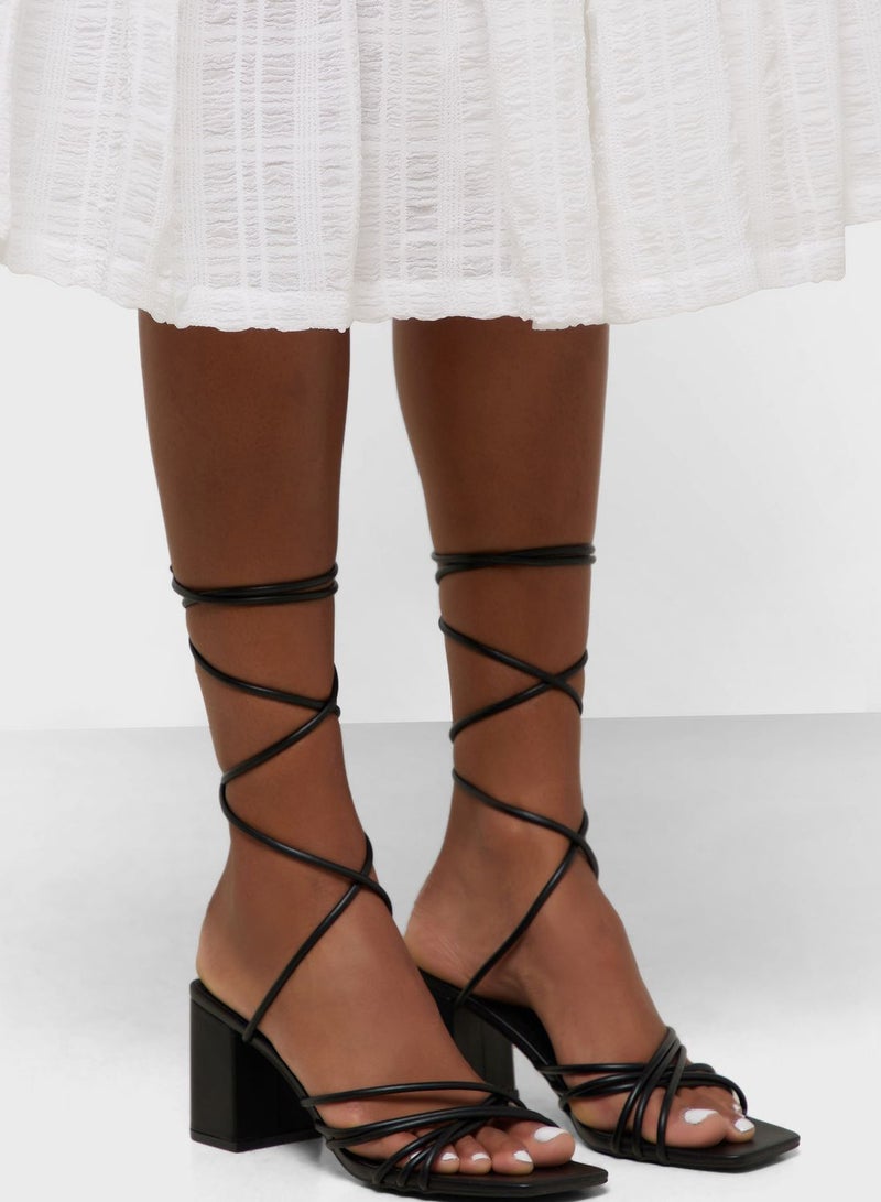 Block Heel Strappy Lace Up Sandal
