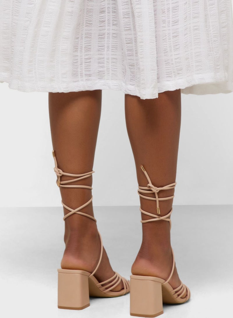 Block Heel Strappy Lace Up Sandal