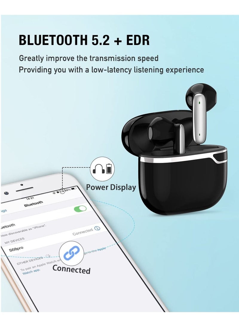 True Wireless Earbuds, Bluetooth 5.2 in-Ear Mini Earphones with Mic, Waterproof Headphones for Sport, Touch Control Headset with USB-C for Smart Phone Computer Laptop, Black