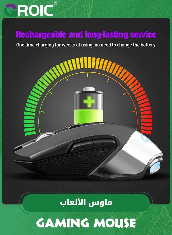 Black Wireless Gaming Mouse, Rechargeable Mechanical Mice, Silent Computer Mouse with 3 Level DPI, 6 Buttons, Colorful LED Lights, Gamer Mouse with Side Buttons for PC/Laptop