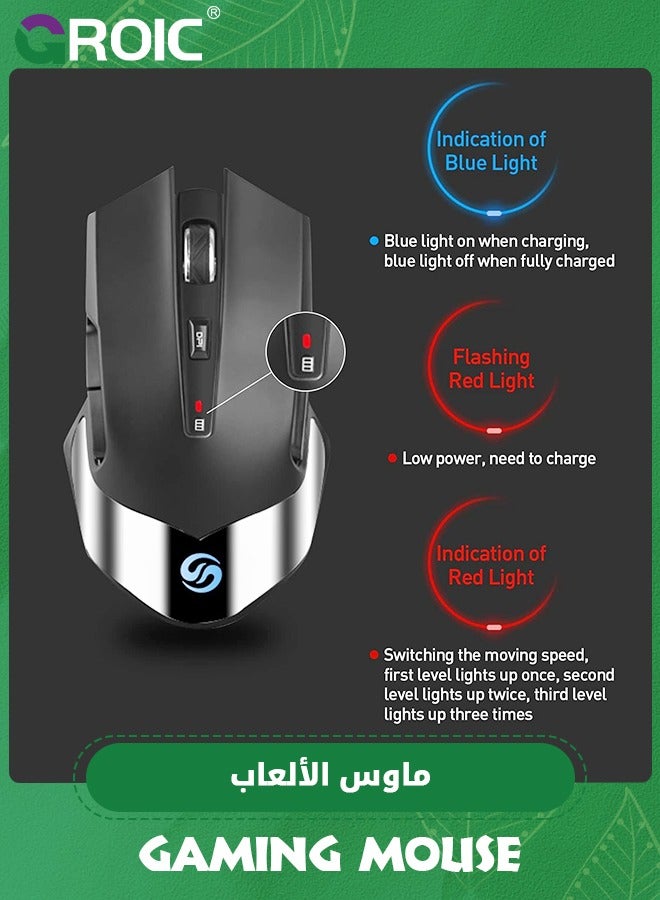 Black Wireless Gaming Mouse, Rechargeable Mechanical Mice, Silent Computer Mouse with 3 Level DPI, 6 Buttons, Colorful LED Lights, Gamer Mouse with Side Buttons for PC/Laptop