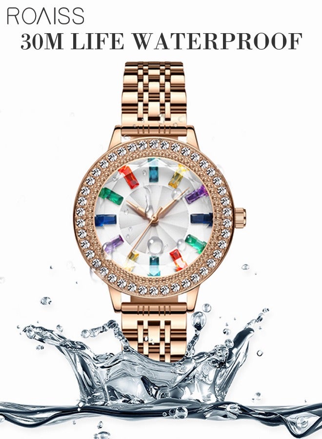 Women's Steel Strap Quartz Watch Analog Display Round Dial with Colorful Rhinestones Decoration Waterproof Elegant Wristwatch for Ladies with Strap Adjuster