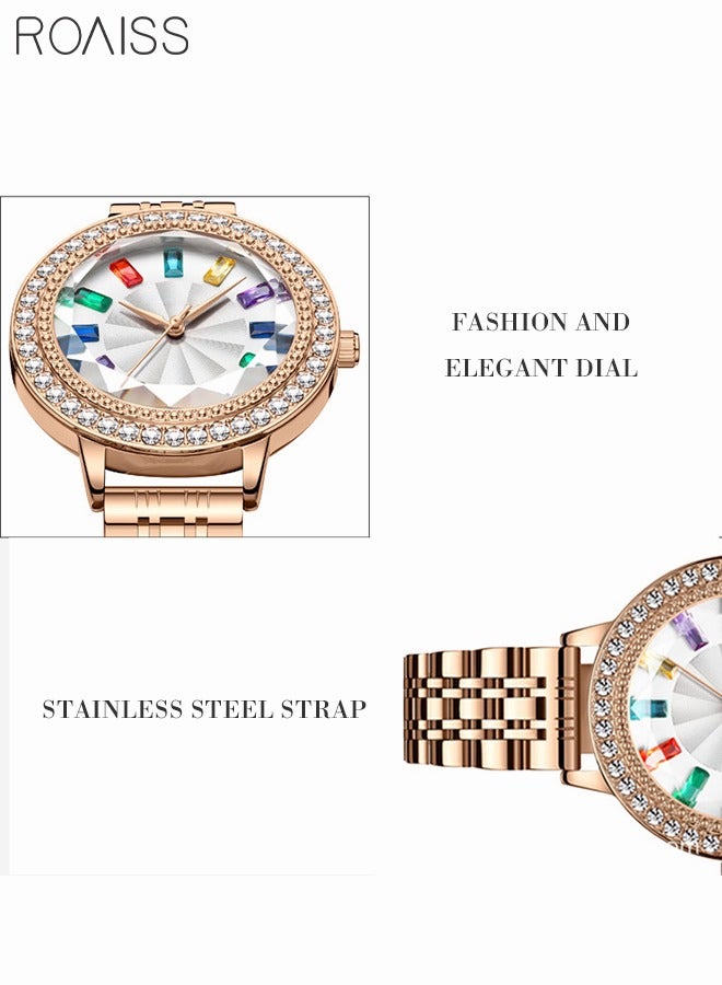 Women's Steel Strap Quartz Watch Analog Display Round Dial with Colorful Rhinestones Decoration Waterproof Elegant Wristwatch for Ladies with Strap Adjuster