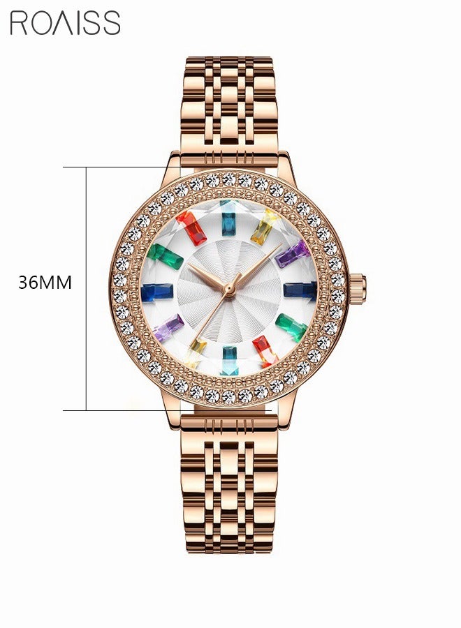 Women's Steel Strap Quartz Watch Analog Display Round Dial with Colorful Rhinestones Decoration Waterproof Elegant Wristwatch for Ladies with Strap Adjuster