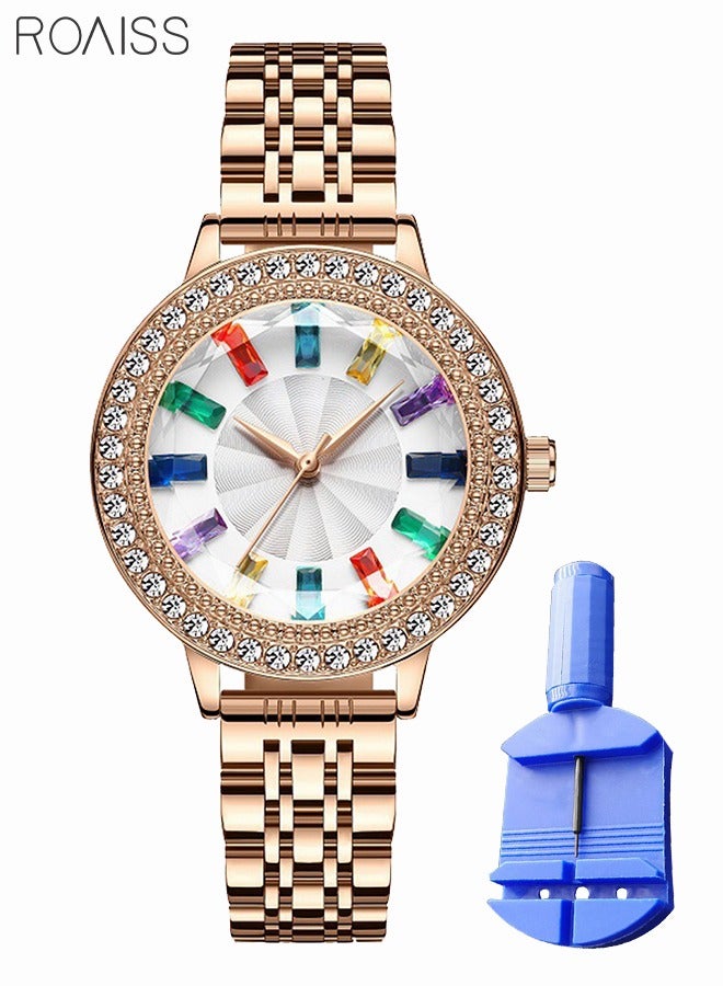 Women's Steel Strap Quartz Watch Analog Display Round Dial with Colorful Rhinestones Decoration Waterproof Elegant Wristwatch for Ladies with Strap Adjuster