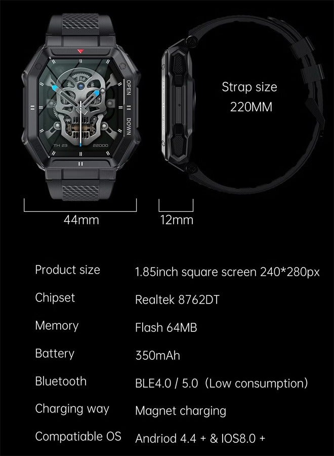 Men's SmartWatch, 1.85-Inch Full-Screen Touch, Heart Rate Monitoring For Exercise And Sleep, Waterproof, All Black