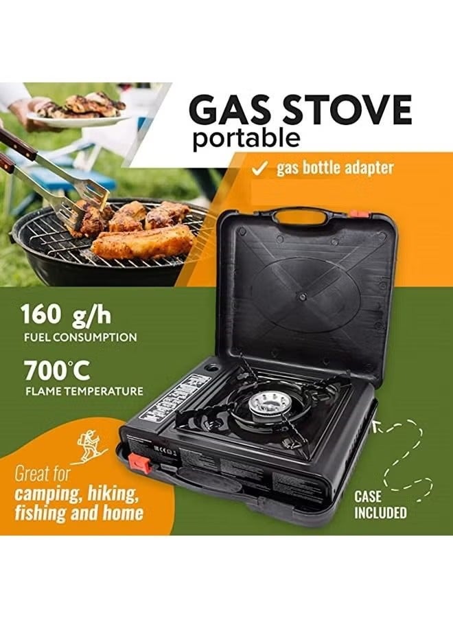 Portable Outdoor Camping Gas Stove with Carrying Case and BBQ Hand Fan, Single Burner 34 x 25.5 CM