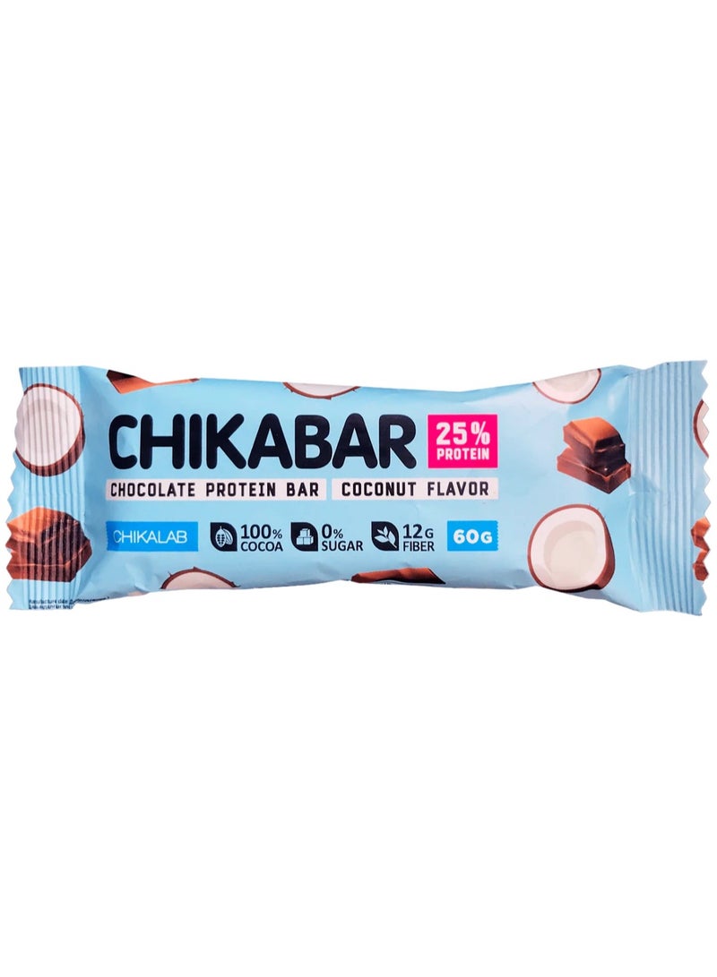 Chickabar Chocolate Protein Bar with 25% Protein, 21g Fiber and Zero Sugar - Coconut Flavour - 60g, Box of 12