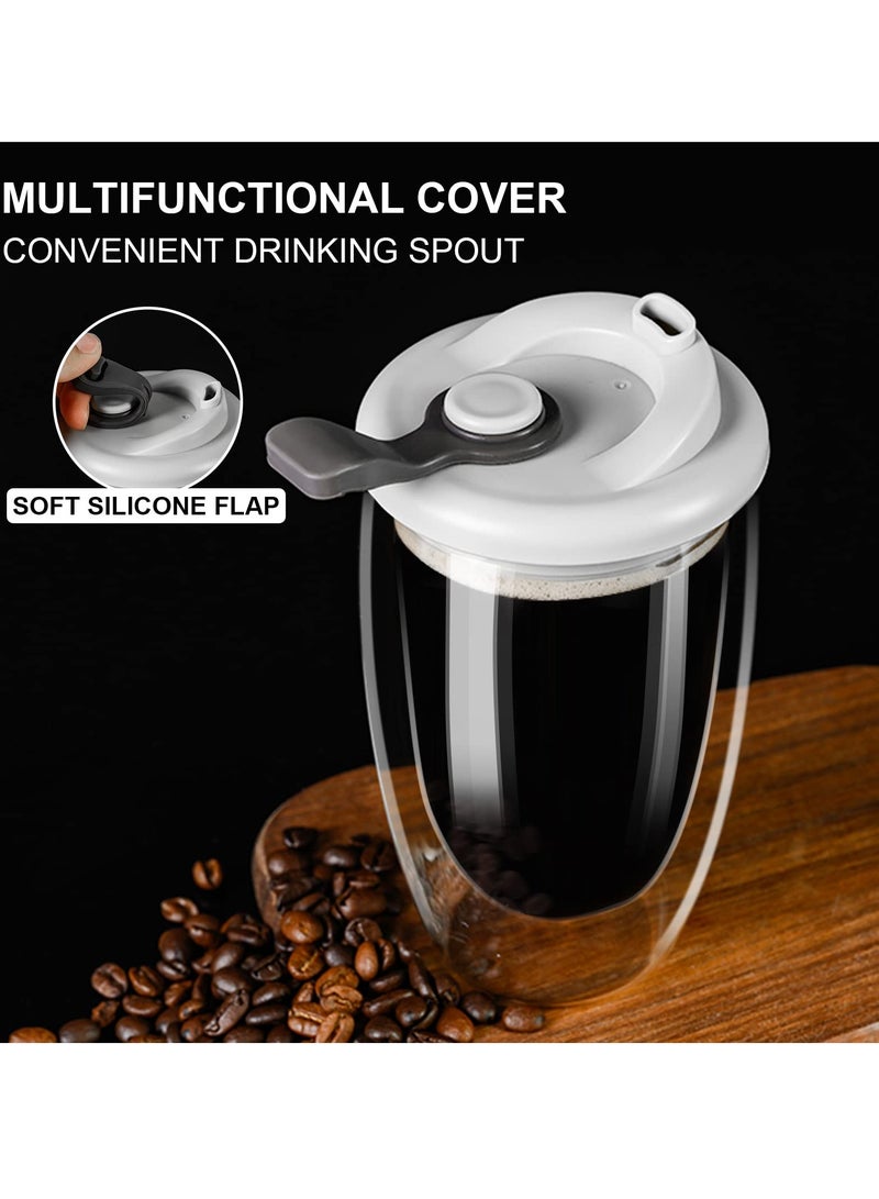 Double Wall Glass Coffee Mug with Silicone Lid - 15oz Insulated Cup for Hot and Cold Drinks - High Borosilicate Glass Double Walled Cup for Travel and Home Use (Grey)