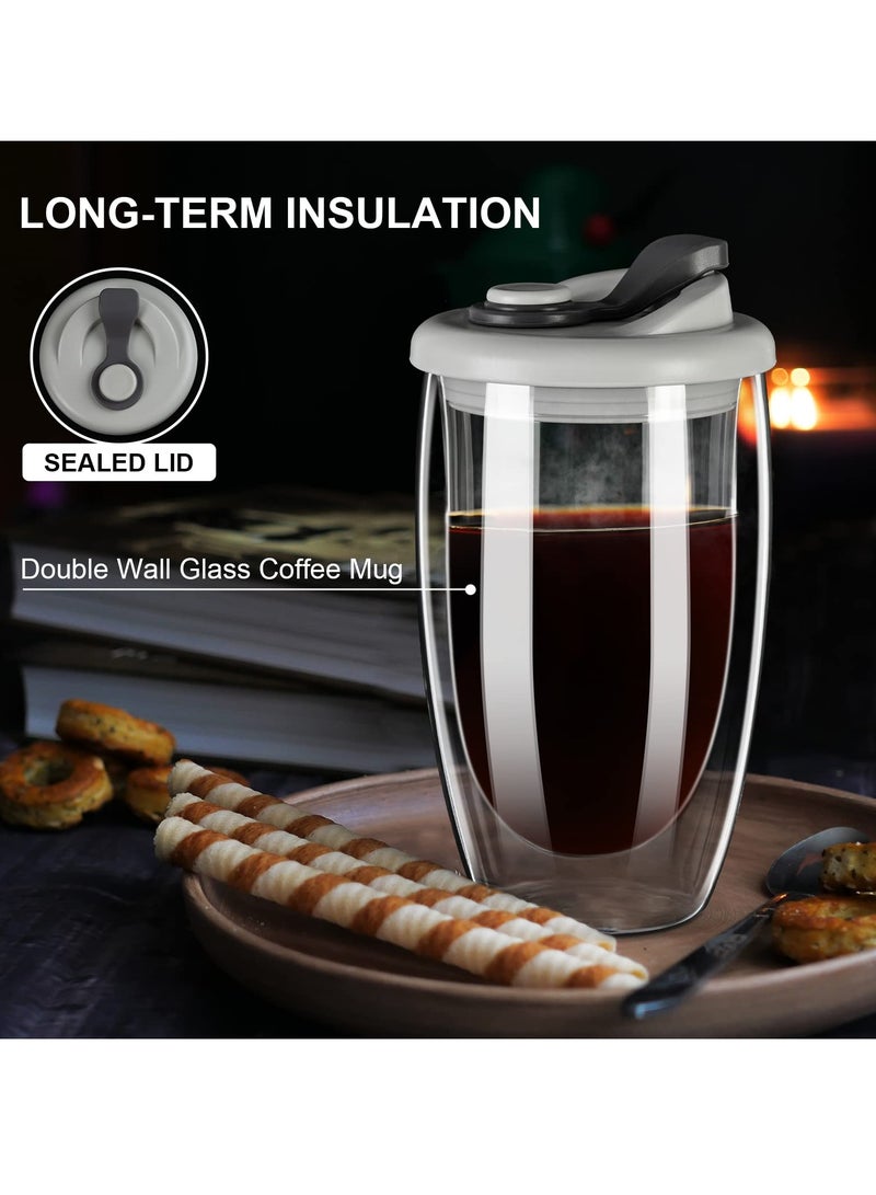 Double Wall Glass Coffee Mug with Silicone Lid - 15oz Insulated Cup for Hot and Cold Drinks - High Borosilicate Glass Double Walled Cup for Travel and Home Use (Grey)