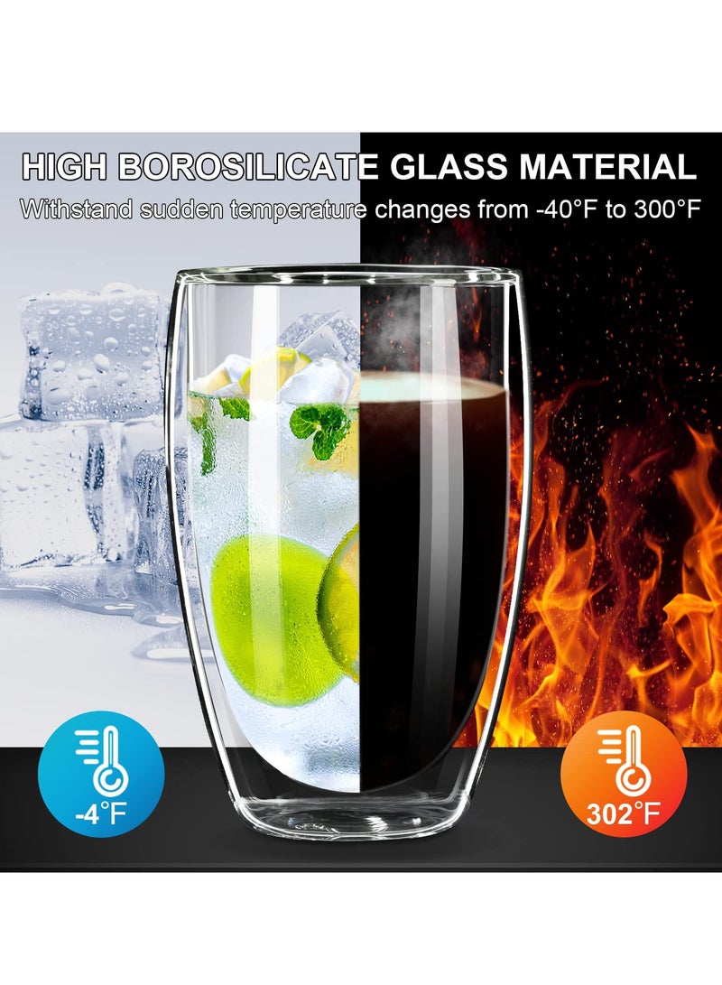 Double Wall Glass Coffee Mug with Silicone Lid - 15oz Insulated Cup for Hot and Cold Drinks - High Borosilicate Glass Double Walled Cup for Travel and Home Use (Grey)