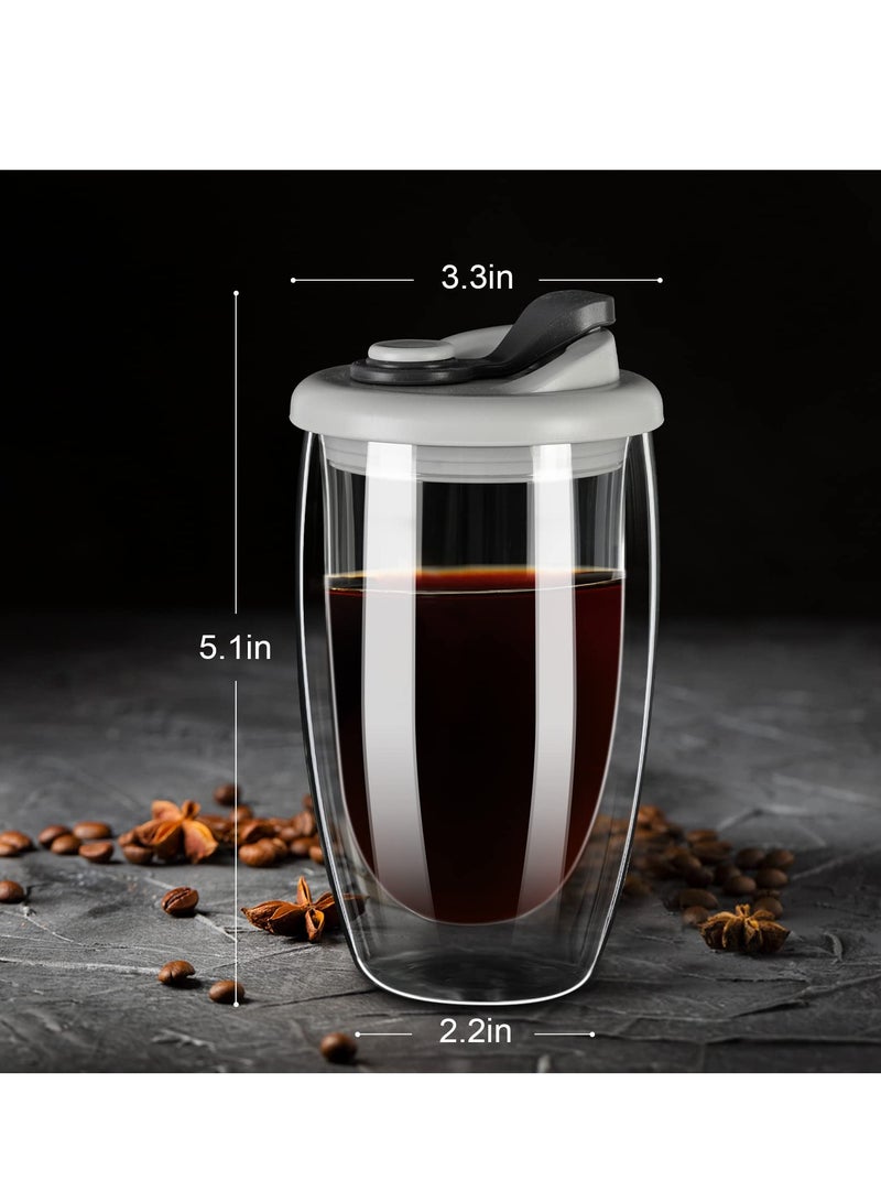 Double Wall Glass Coffee Mug with Silicone Lid - 15oz Insulated Cup for Hot and Cold Drinks - High Borosilicate Glass Double Walled Cup for Travel and Home Use (Grey)