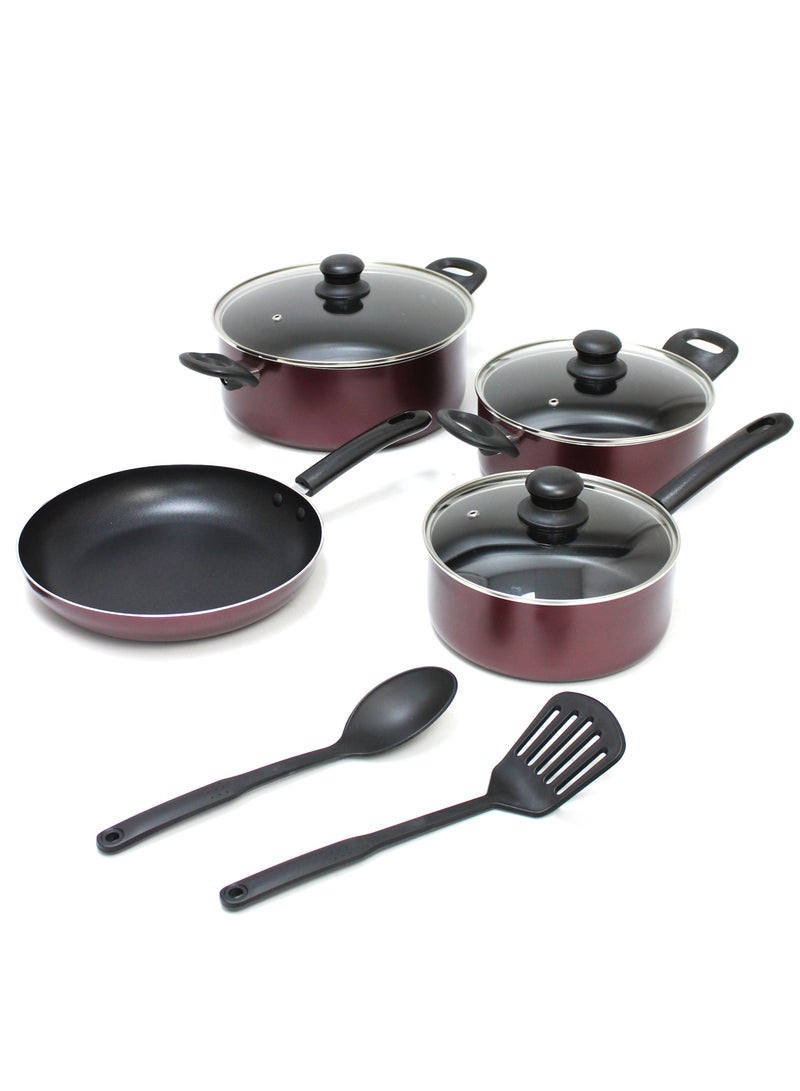 Non Stick 9 Pcs Cookware Set Fry Pan Saucepan with Glass Lid 2 Cooking Pot with Glass Lid 2 Plastic Spoon Set