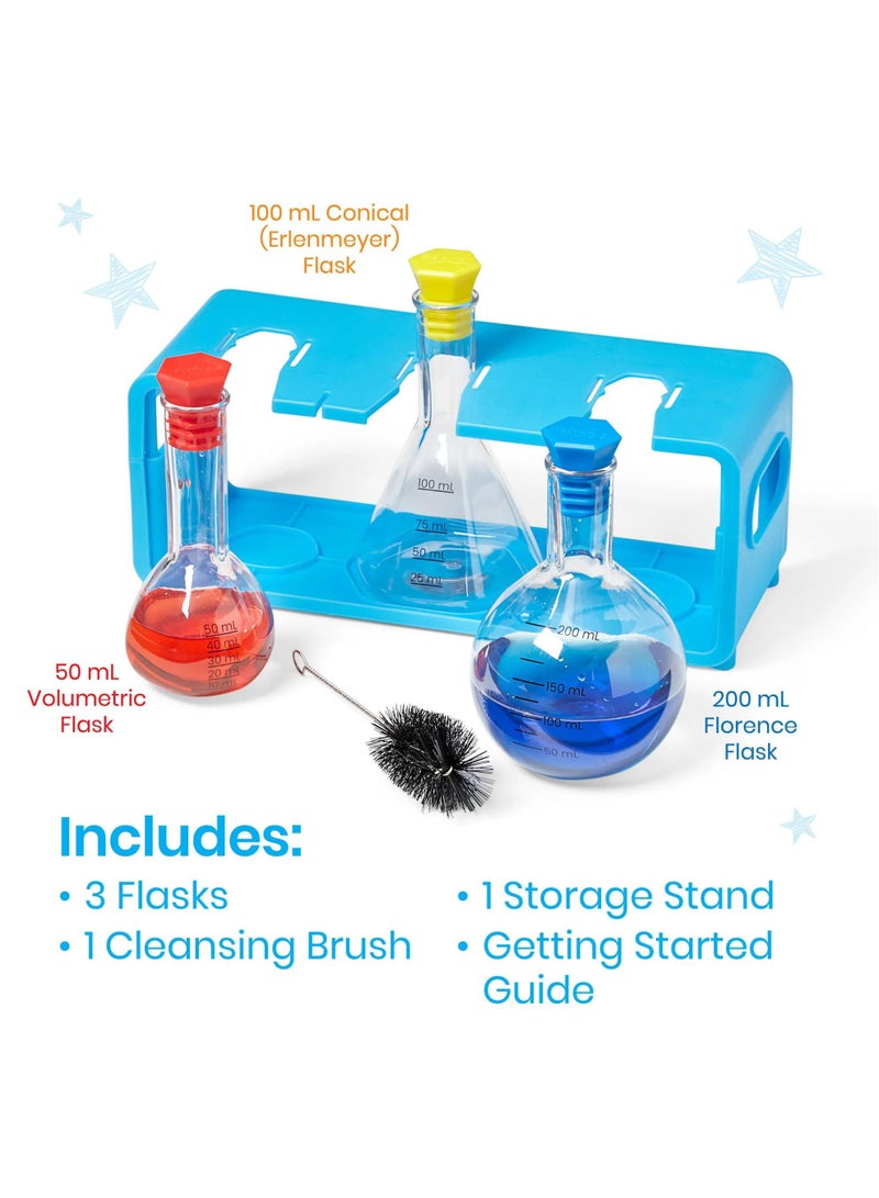 Learning Resources Starter Science Measuring Flask Set, Child-Safe Lab Equipment With 3 Flasks, Stoppers, Stand And Cleaning Brush, Ages 3 Plus