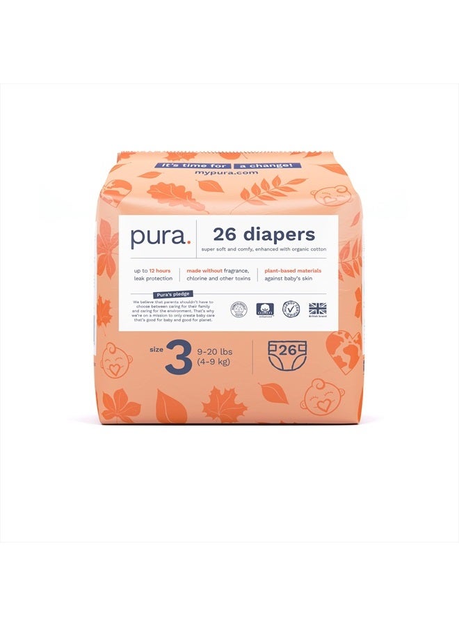 Size 3 Eco-Friendly Diapers (9-20 lbs) Totally Chlorine Free (TCF) Hypoallergenic, Soft Organic Cotton, Sustainable, up to 12 Hours Leak Protection, Allergy UK, 1 Pack of 26 Diapers