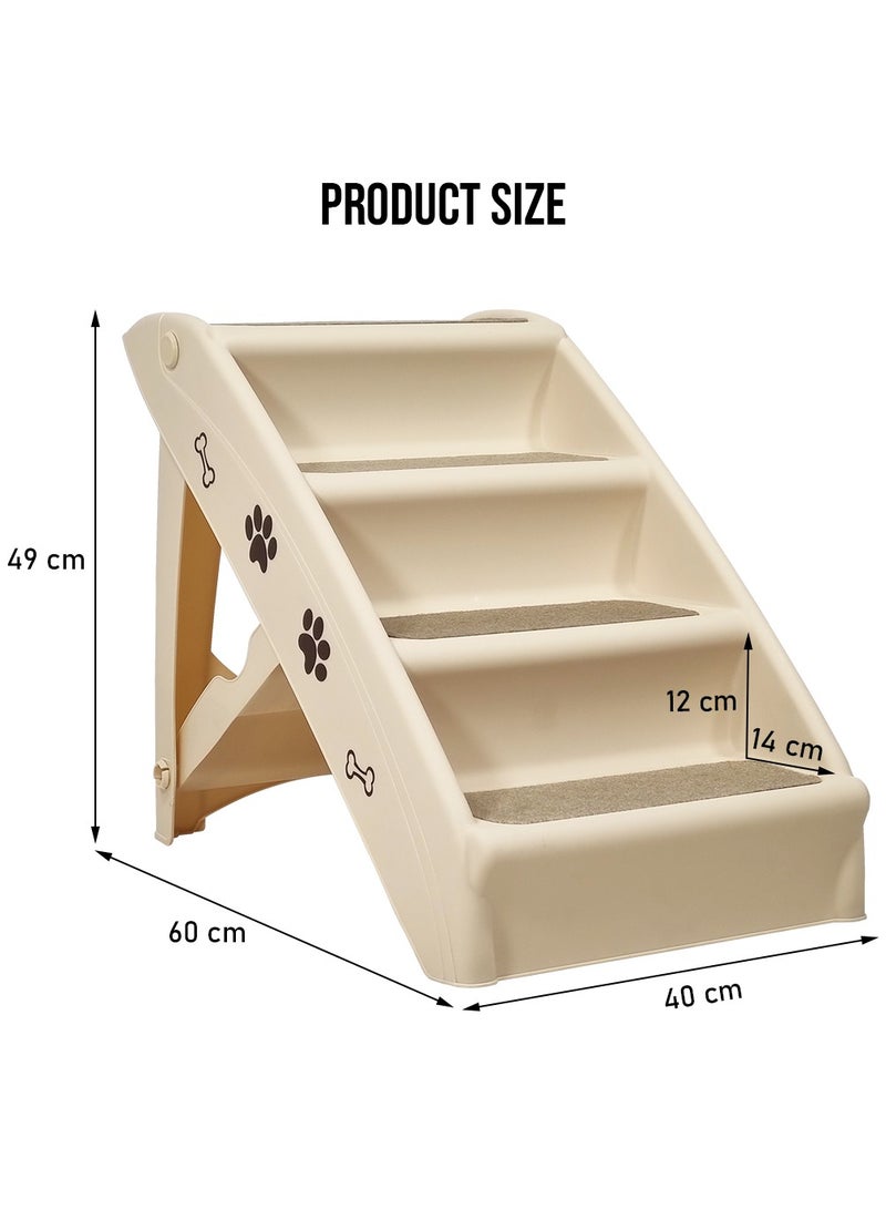 Pet dog stairs ramp for small and medium pets, Four-steps design with Stickable carpet and Non-slip design for cats and dogs, Foldable lightweight pet dog stairs, 60 cm (Brown)