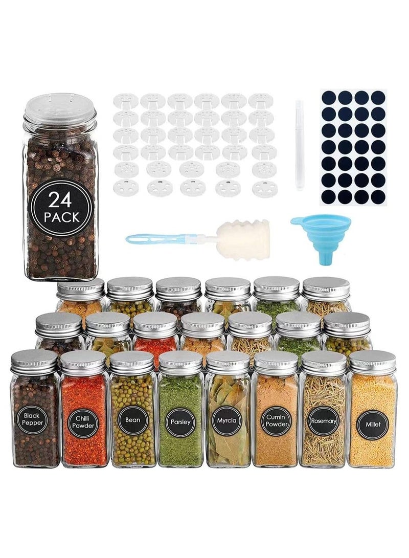 24 PCS Square Spice Bottles 120ml for Spice Cabinet,Glass Spice Jars with Shaker Lids