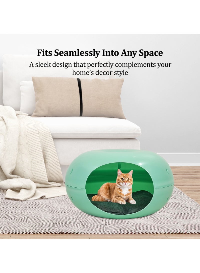 Plastic cat bed with Washable cushion and Anti-slip bottom, Semi-closed waterproof pet bed, Suitable for small pets and kittens, Comfortable donut cat bed 50 cm (Green)