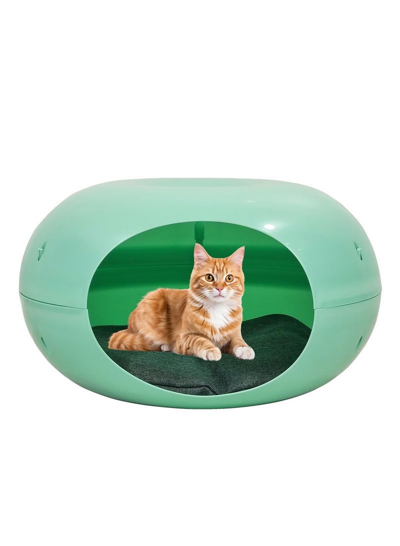 Plastic cat bed with Washable cushion and Anti-slip bottom, Semi-closed waterproof pet bed, Suitable for small pets and kittens, Comfortable donut cat bed 50 cm (Green)