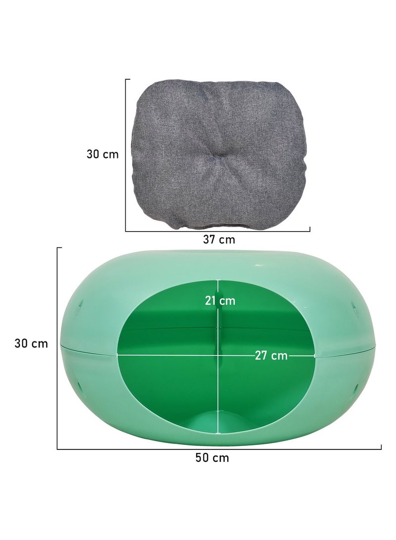 Plastic cat bed with Washable cushion and Anti-slip bottom, Semi-closed waterproof pet bed, Suitable for small pets and kittens, Comfortable donut cat bed 50 cm (Green)