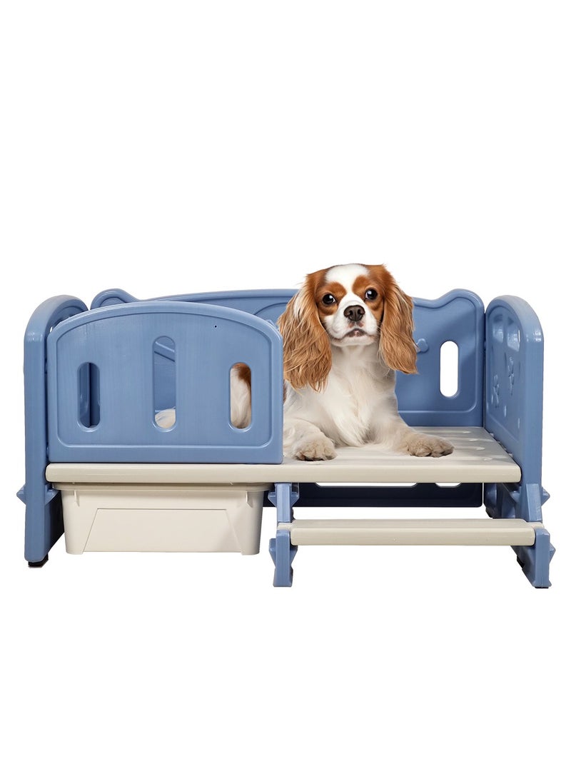 Plastic pet dog bed with Ladder, Anti-slip bottom, and storage box for pets, Waterproof pet bed for indoor and outdoor, Moisture-proof dog bed 82 cm (Blue)