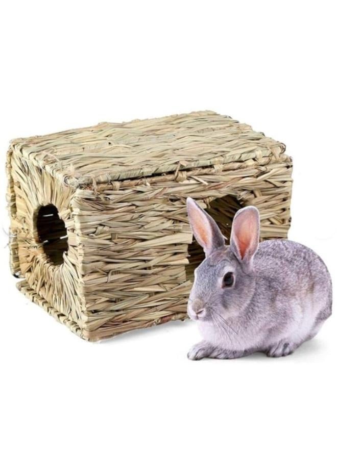 Natural Hay Handmade Woven Grass Hut Nest Folding Grass Mat Bed Edible Chew Toy Hideaway for Bunny Rabbit Gerbils Hamster