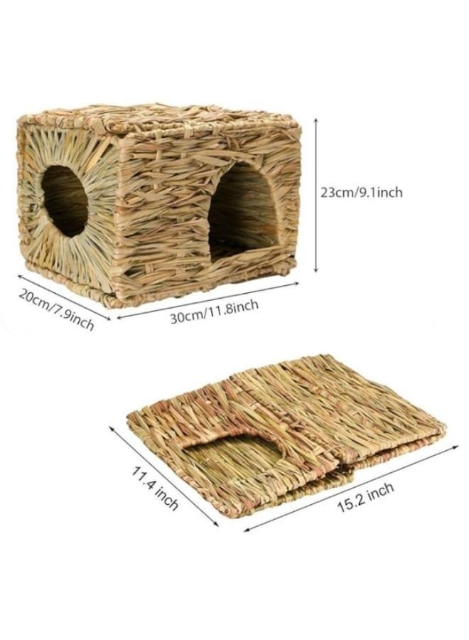 Natural Hay Handmade Woven Grass Hut Nest Folding Grass Mat Bed Edible Chew Toy Hideaway for Bunny Rabbit Gerbils Hamster