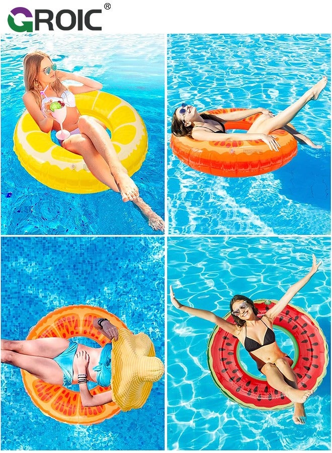 3 PCS Swimming Rings with 1 Beach Ball Inflatable Pool Floats for Kids Adults 32.7'' Fruits Pool Floaties Rings Tube Toys for Summer Beach Water Float Party, Swimming Pool, Ocean, Beach Time