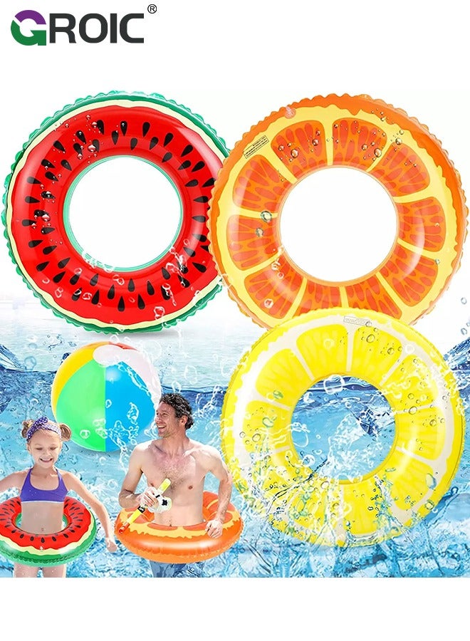 3 PCS Swimming Rings with 1 Beach Ball Inflatable Pool Floats for Kids Adults 32.7'' Fruits Pool Floaties Rings Tube Toys for Summer Beach Water Float Party, Swimming Pool, Ocean, Beach Time