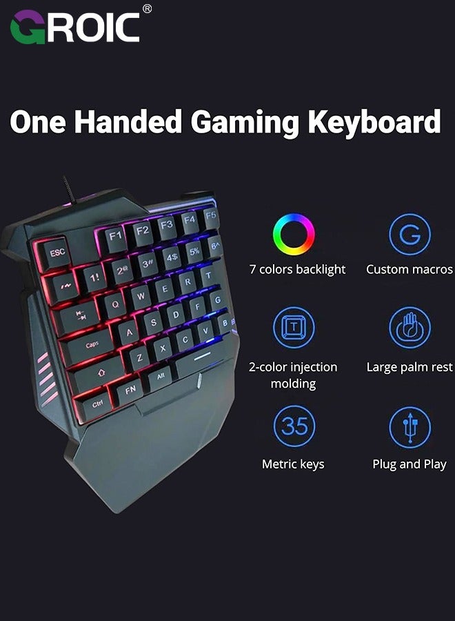 One-Handed RGB Gaming Keyboard and Mouse Combo, 35 Keys Mini Gaming Keypad, 6D Gaming Mouse, Portable Game Controller for PC Gamer