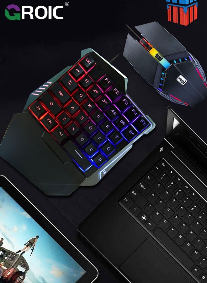 One-Handed RGB Gaming Keyboard and Mouse Combo, 35 Keys Mini Gaming Keypad, 6D Gaming Mouse, Portable Game Controller for PC Gamer