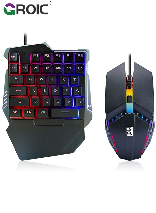 One-Handed RGB Gaming Keyboard and Mouse Combo, 35 Keys Mini Gaming Keypad, 6D Gaming Mouse, Portable Game Controller for PC Gamer