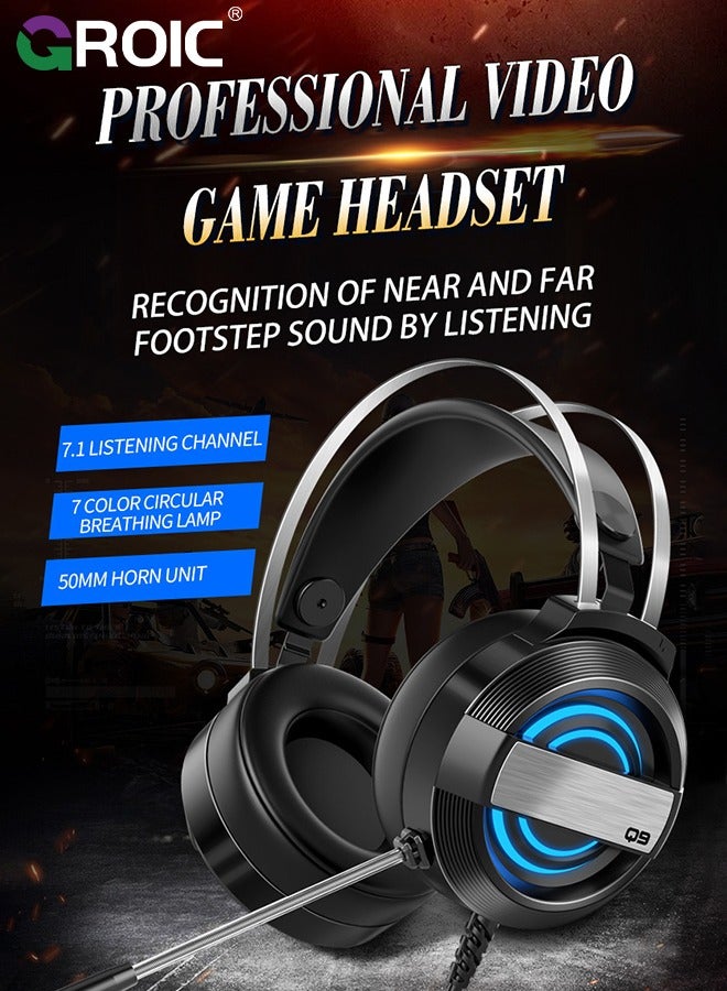 Black Wired Gaming Headset for PS4/PS5/PC/Xbox One, Ergonomic Design Over Ear with Stereo Microphone Sound, Computer Headset with USB Jack & RGB