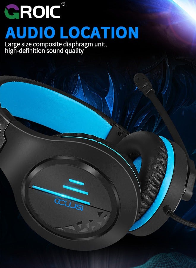 Blue Gaming Headset for PC PS5 PS4 Nintendo Xbox One Mac Laptop, Wired Stereo Over-Ear Headphones with Noise Cancelling Mic, Soft Memory Earmuffs for Adults & Kids