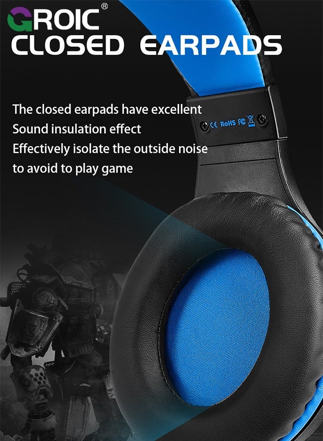 Blue Gaming Headset for PC PS5 PS4 Nintendo Xbox One Mac Laptop, Wired Stereo Over-Ear Headphones with Noise Cancelling Mic, Soft Memory Earmuffs for Adults & Kids