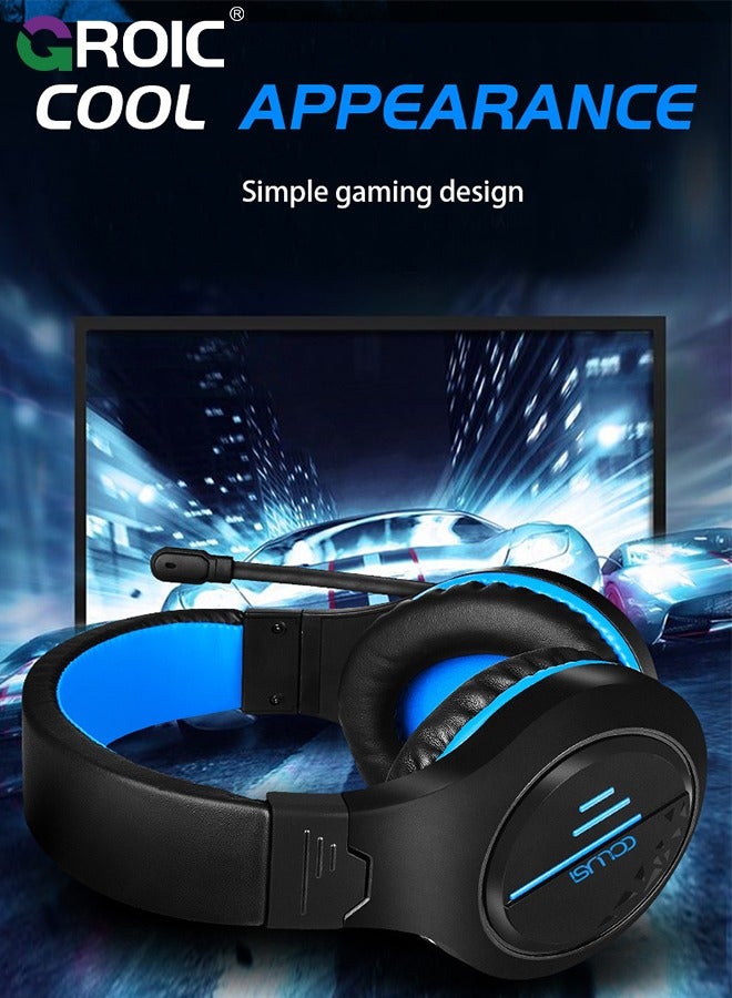 Blue Gaming Headset for PC PS5 PS4 Nintendo Xbox One Mac Laptop, Wired Stereo Over-Ear Headphones with Noise Cancelling Mic, Soft Memory Earmuffs for Adults & Kids