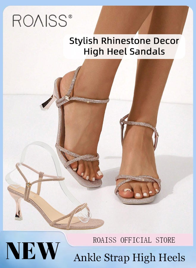 Rhinestone Decor Slingbacks Heeled Sandal for Women All-Match Gorgeous Glamorous Stiletto Sandals Ladies Elegant Temperament One-Line Buckle Heels in Square Toe Design