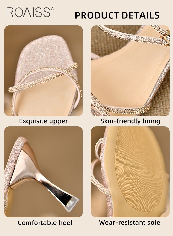 Rhinestone Decor Slingbacks Heeled Sandal for Women All-Match Gorgeous Glamorous Stiletto Sandals Ladies Elegant Temperament One-Line Buckle Heels in Square Toe Design