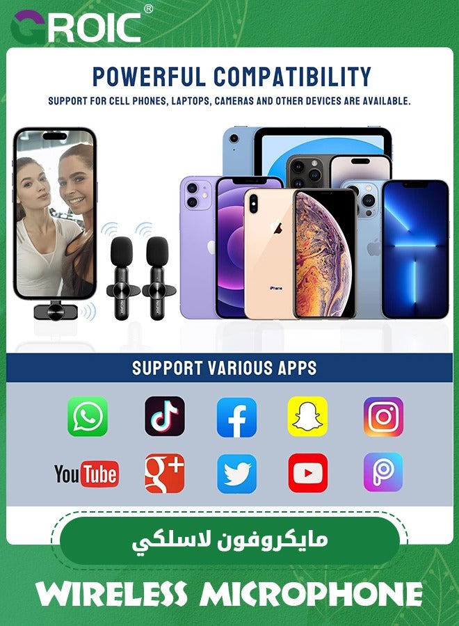 Wireless Microphone for iphone, Dual Professional Wireless Lavalier Microphone for iPhone iPad, Plug-Play Wireless Mic for Video Recording, Live Stream, YouTube, Facebook, TikTok, Vlog, Presentation