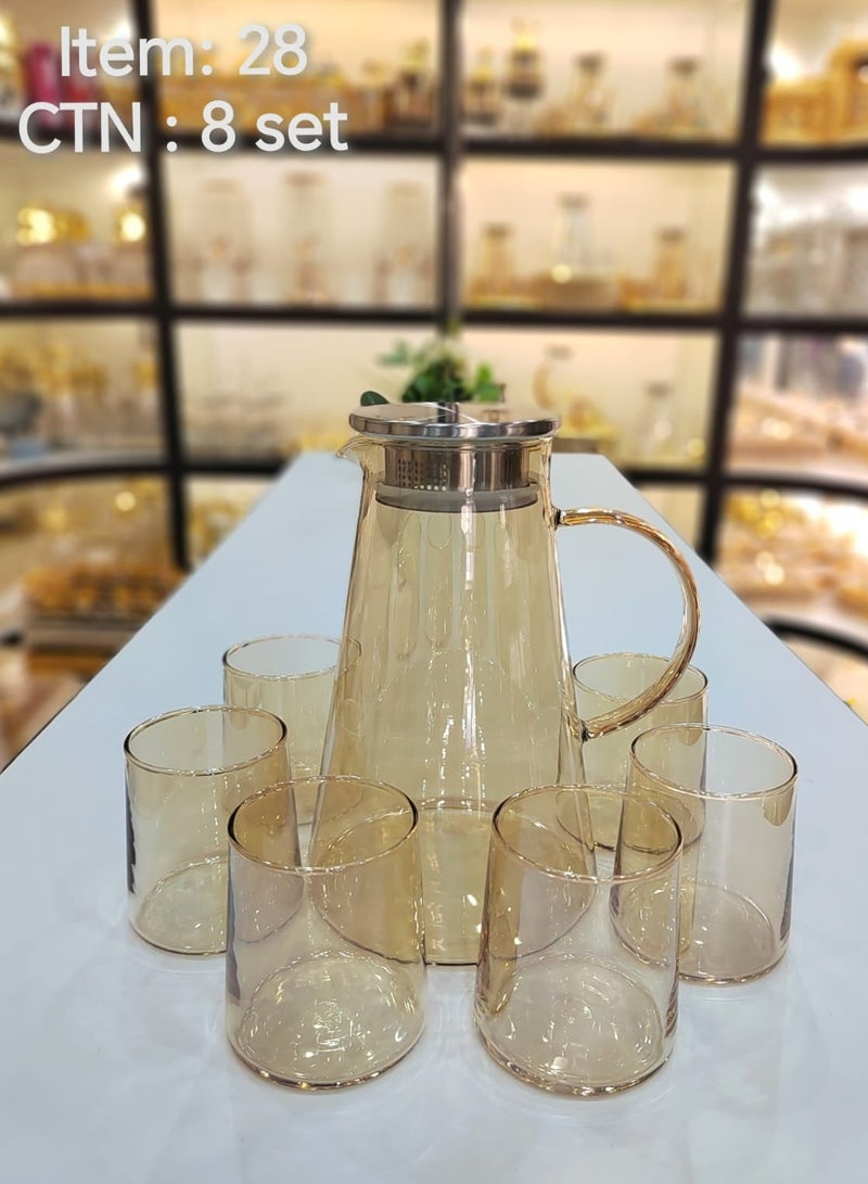 Stylish Glass Pitcher Set With Six Matching Tumblers Perfect For Serving Beverages Sleek Design With A Metal Lid  And Handle Ideal For Modern Dining Setting