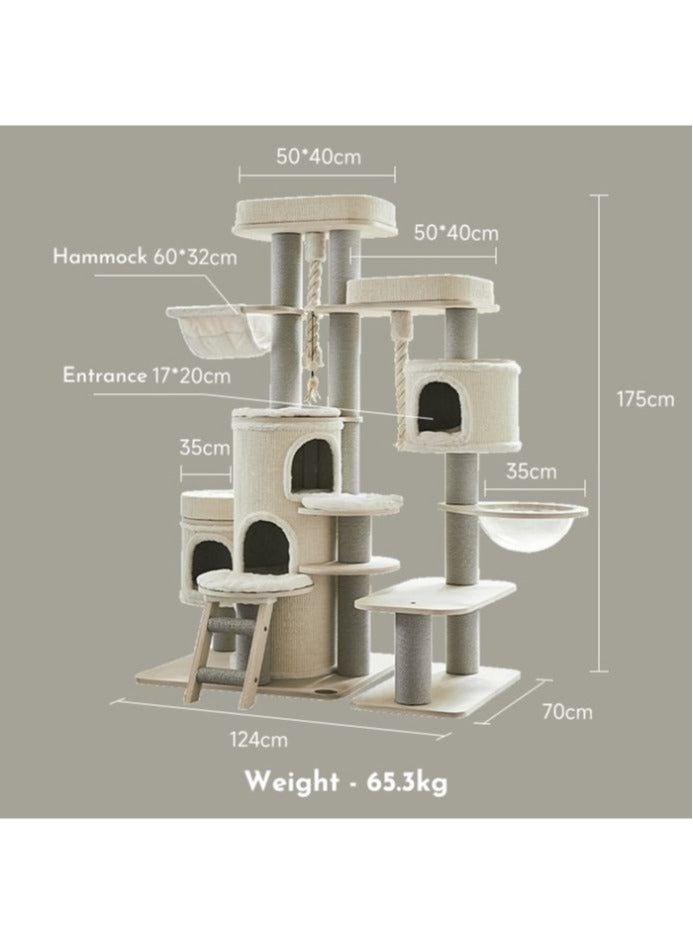 SOPAPETS High-End Extra Large Cat Tree Tower, Premium Birch Wood Made, Scratching Posts, Mutil-Cat Condo, Removable Soft Cushion Bed, Transparent Space Capsule, Hammock, Super Stable (124x70x175cm)