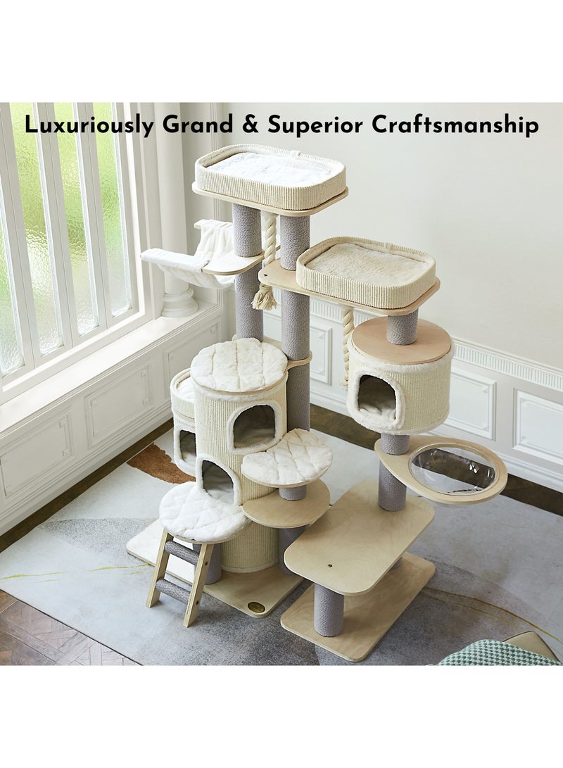 SOPAPETS High-End Extra Large Cat Tree Tower, Premium Birch Wood Made, Scratching Posts, Mutil-Cat Condo, Removable Soft Cushion Bed, Transparent Space Capsule, Hammock, Super Stable (124x70x175cm)