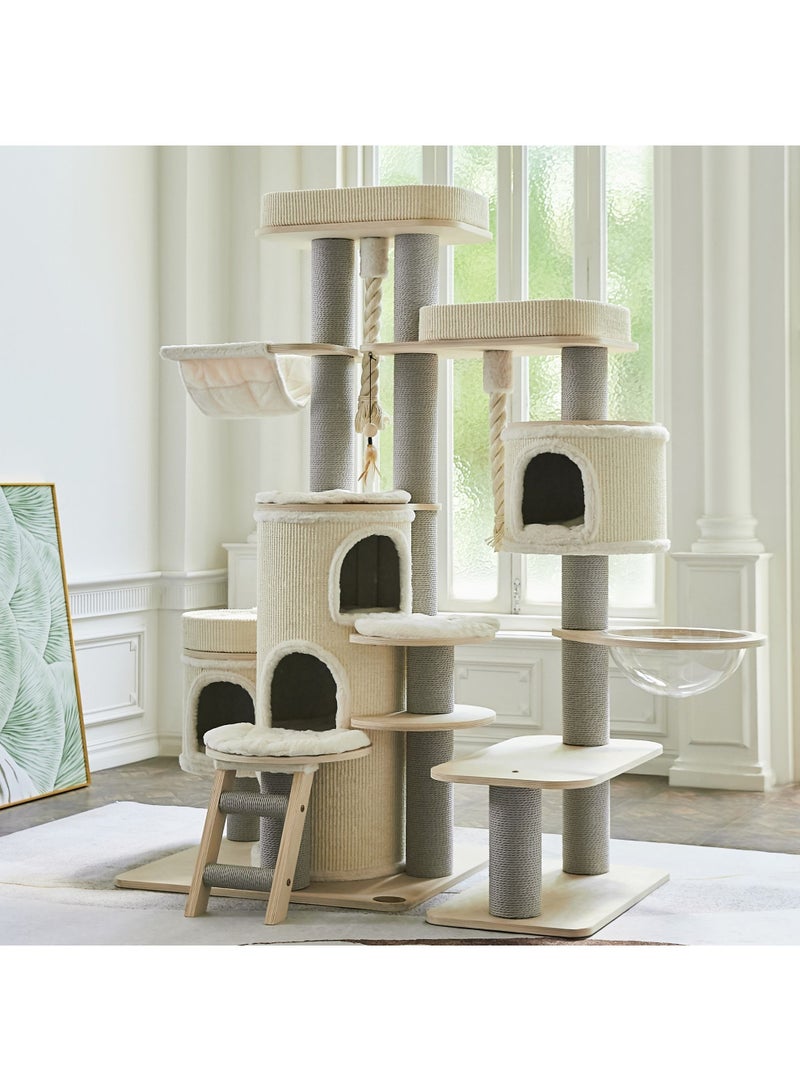 SOPAPETS High-End Extra Large Cat Tree Tower, Premium Birch Wood Made, Scratching Posts, Mutil-Cat Condo, Removable Soft Cushion Bed, Transparent Space Capsule, Hammock, Super Stable (124x70x175cm)