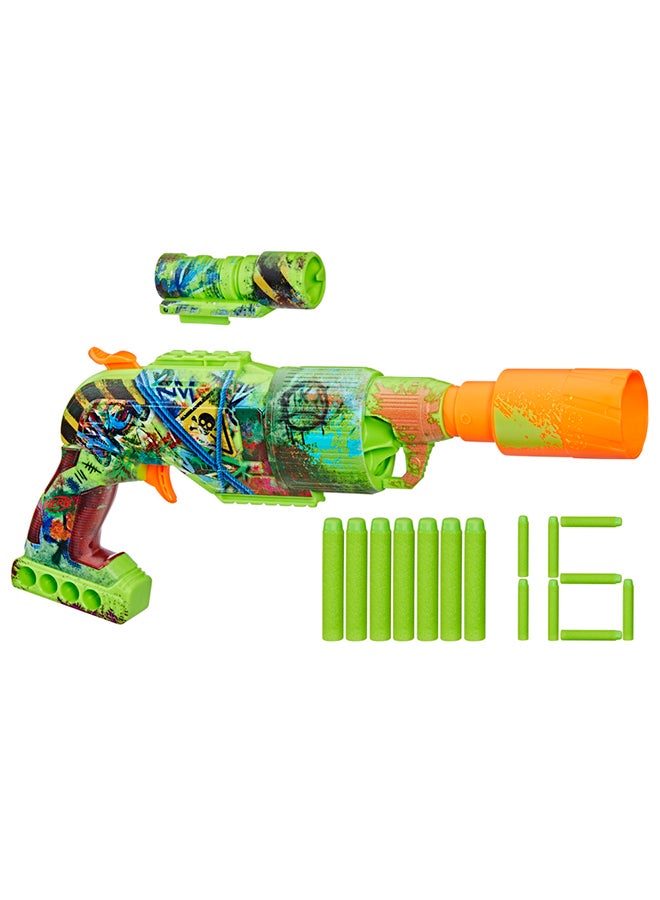 Nerf Zombie Driller Dart Blaster, 16 Nerf Elite Darts, Rotating 5 Dart Cylinder, Removable Scope, Outdoor Games, Ages 8+