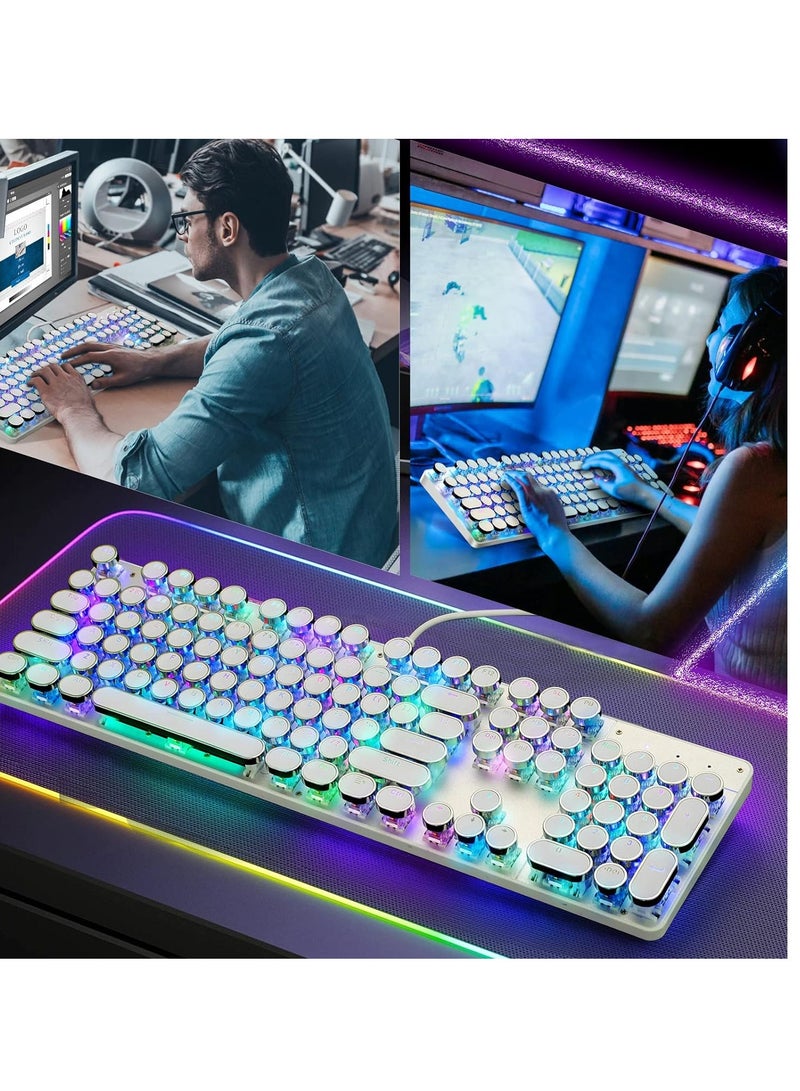 Mechanical Gaming Keyboard with LED Backlit, Retro Punk Typewriter style, Mechanical Keyboard with 104 Keys Blue Switch, RGB Backlight Modes, Metal Panels Round Keycaps for Windows/Mac/PC