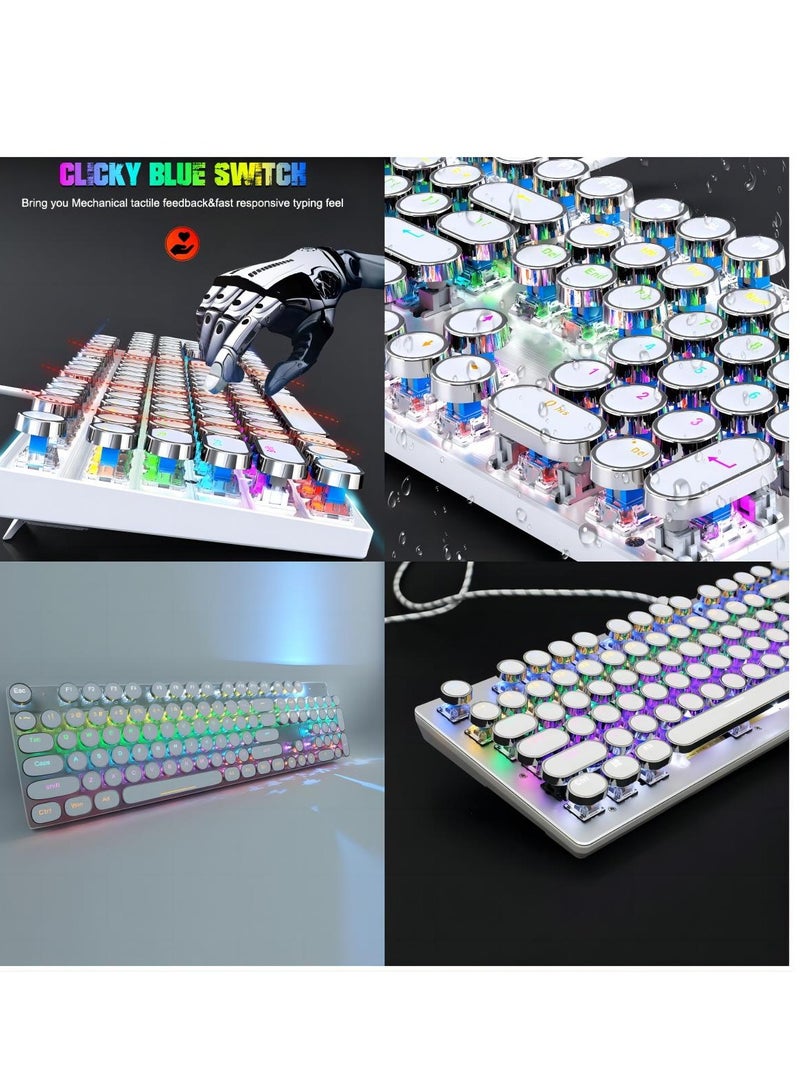 Mechanical Gaming Keyboard with LED Backlit, Retro Punk Typewriter style, Mechanical Keyboard with 104 Keys Blue Switch, RGB Backlight Modes, Metal Panels Round Keycaps for Windows/Mac/PC