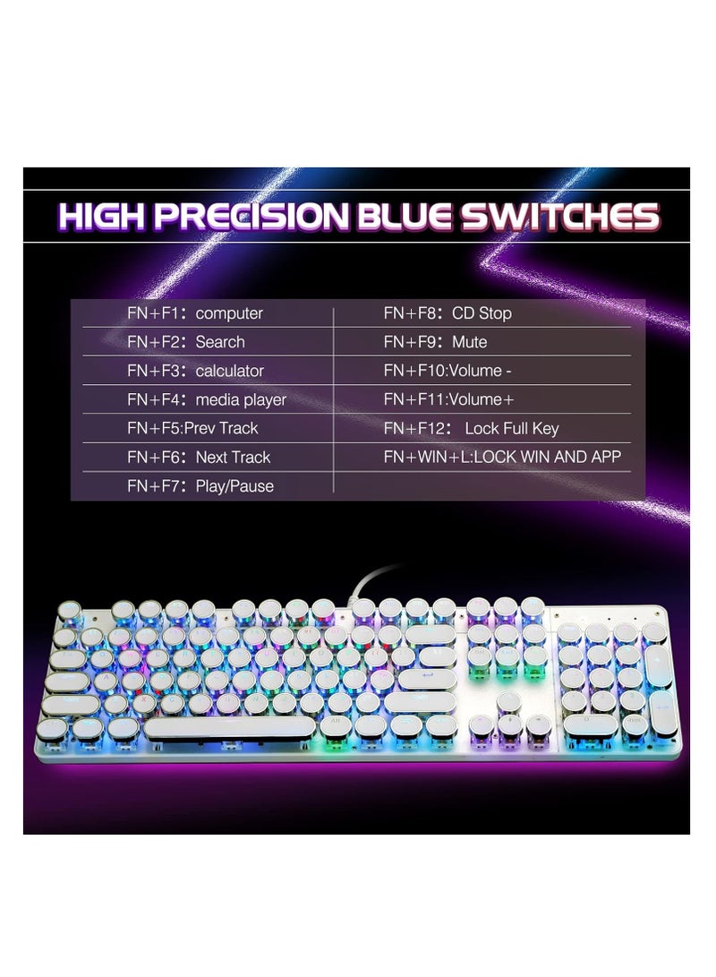 Mechanical Gaming Keyboard with LED Backlit, Retro Punk Typewriter style, Mechanical Keyboard with 104 Keys Blue Switch, RGB Backlight Modes, Metal Panels Round Keycaps for Windows/Mac/PC