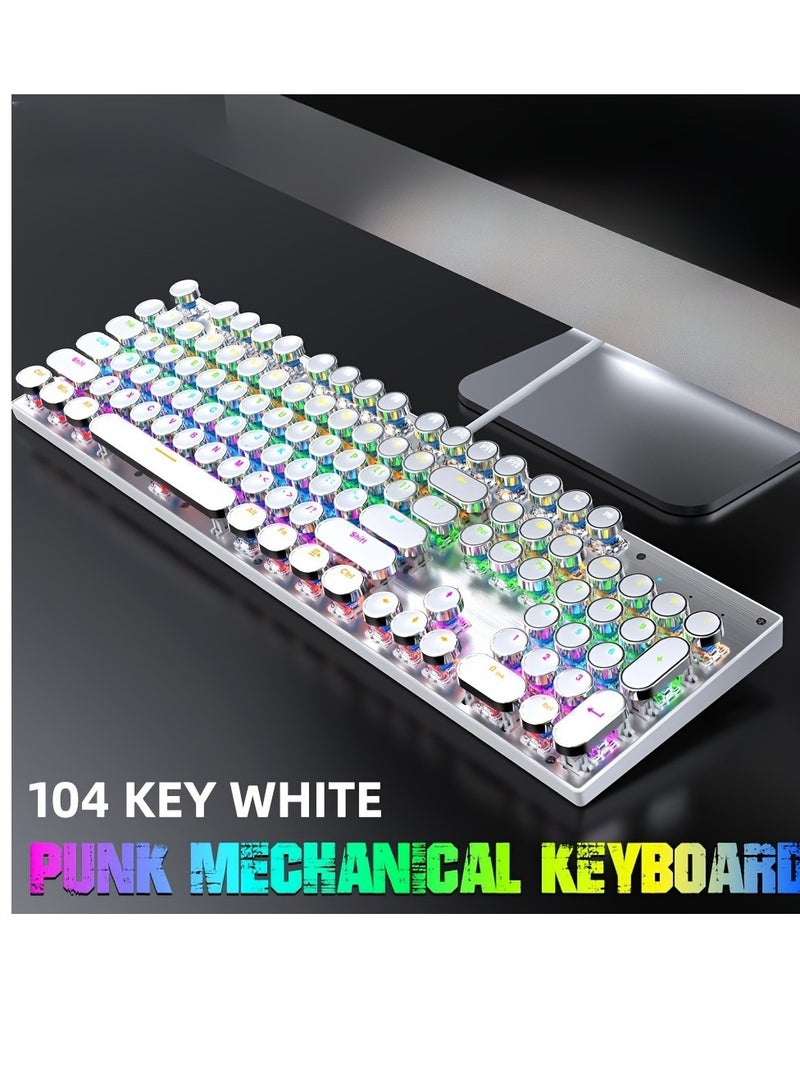 Mechanical Gaming Keyboard with LED Backlit, Retro Punk Typewriter style, Mechanical Keyboard with 104 Keys Blue Switch, RGB Backlight Modes, Metal Panels Round Keycaps for Windows/Mac/PC