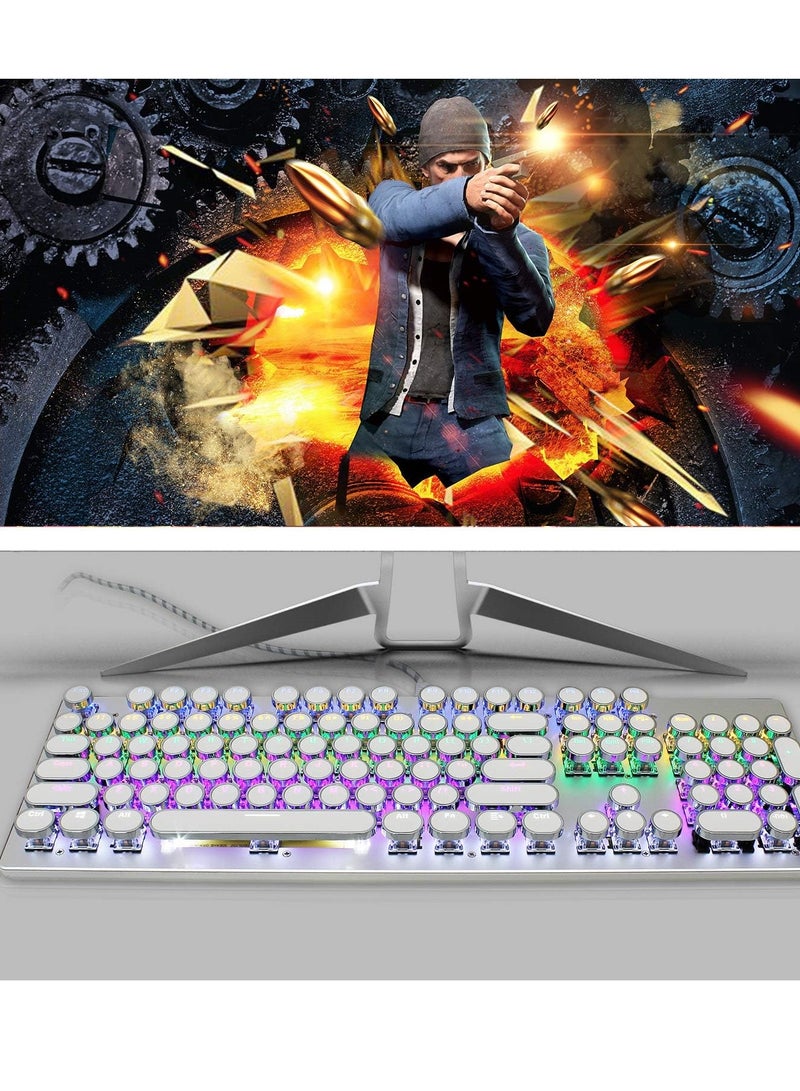 Mechanical Gaming Keyboard with LED Backlit, Retro Punk Typewriter style, Mechanical Keyboard with 104 Keys Blue Switch, RGB Backlight Modes, Metal Panels Round Keycaps for Windows/Mac/PC